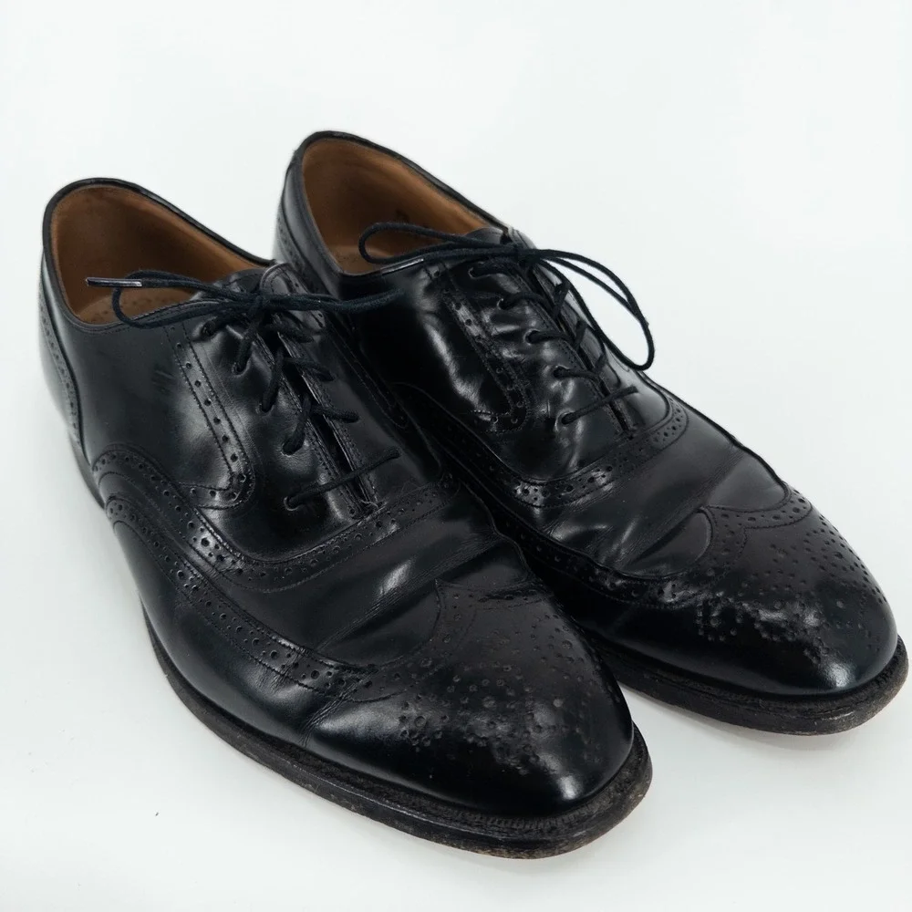 Johnston & Murphy Black Leather‎ Wingtip Oxford Dress Shoes Mens 9.5 USA Made